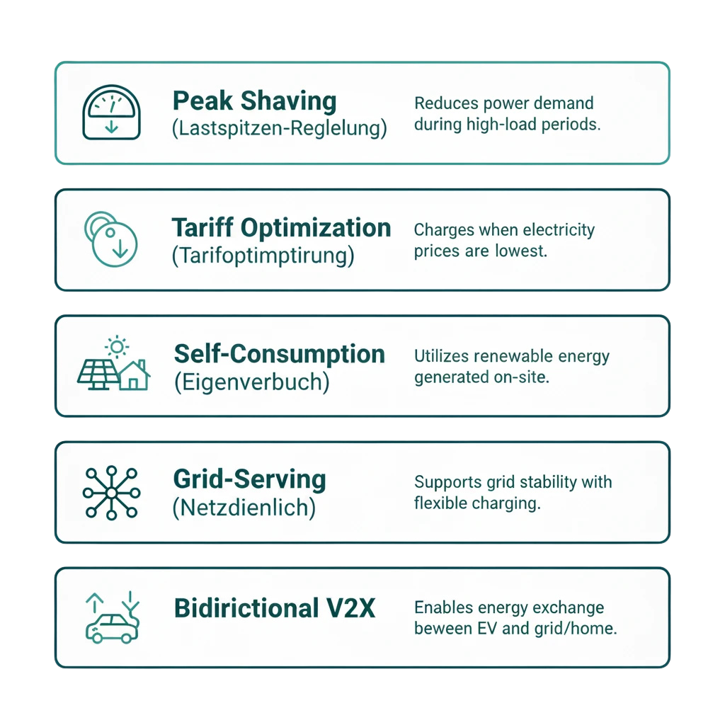 Infografik: Die 5 Smart Charging Arten – Peak Shaving, Tarifoptimierung, Eigenverbrauch, Netzdienlich und V2X